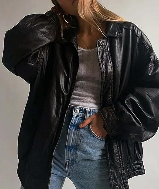 Oversized Leather Jacket - Womens Black