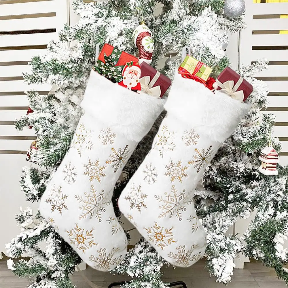 Plush Faux Fur White Xmas Stocking with Golden Snowflake