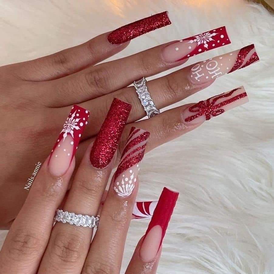 Red and White Christmas nails Design