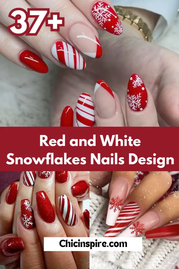 Red and white Snowflakes Holiday Nails