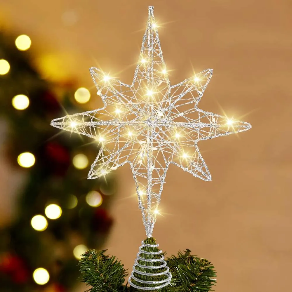 Silvery Star Tree Toppers with 20 LED Lights for Christmas Tree Decorations