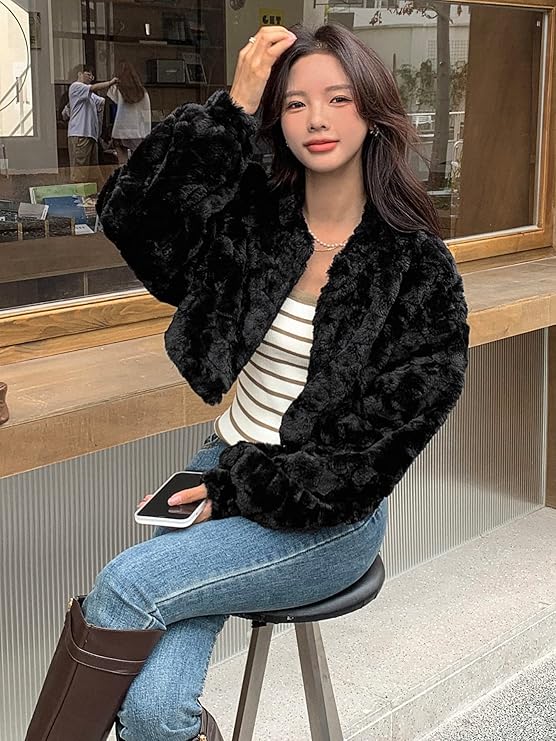 Solid Crop Teddy Jacket Women