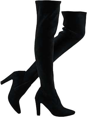 Stretch Suede Thigh High Boots Chunky Heel