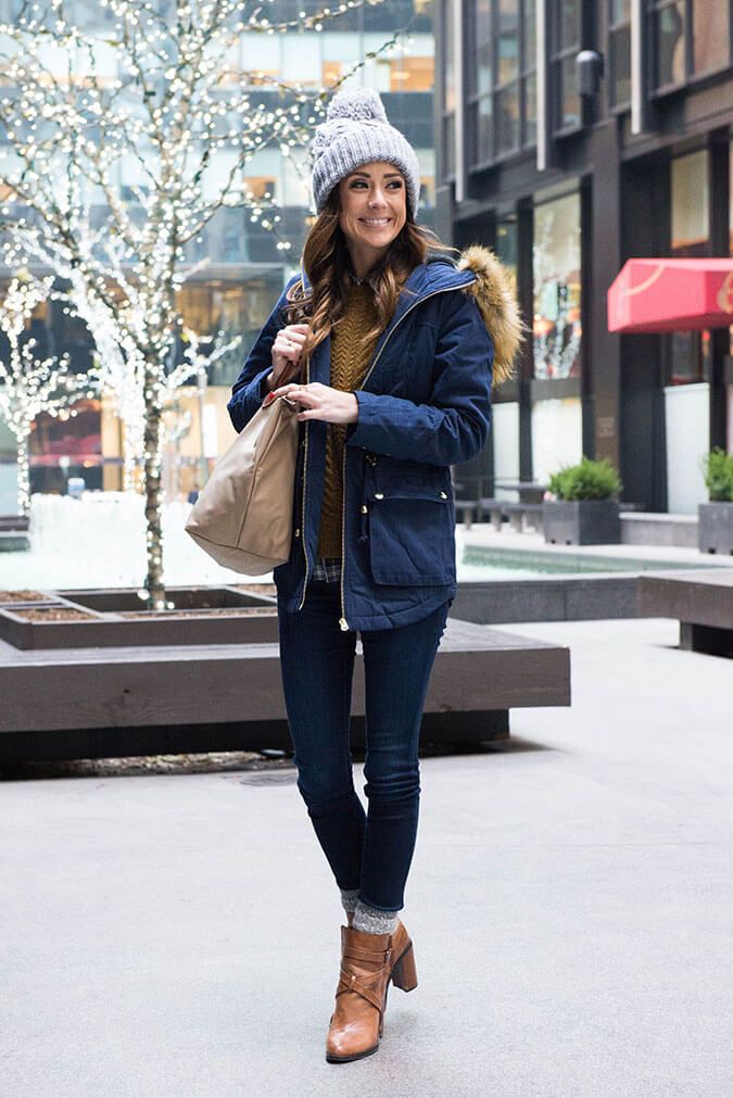 Winter jacket Outfit idea with Boots and Jeans