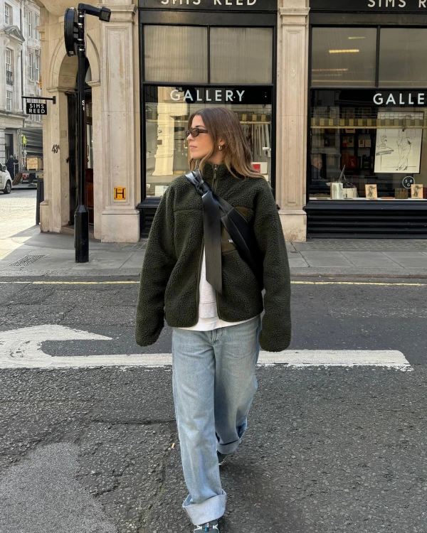 rainy day outfit with fleece sweater