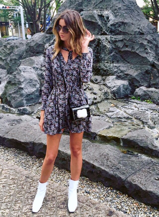 Floral pattern Mini Dress with white ankle boots Black crossbody bag and sunglasses