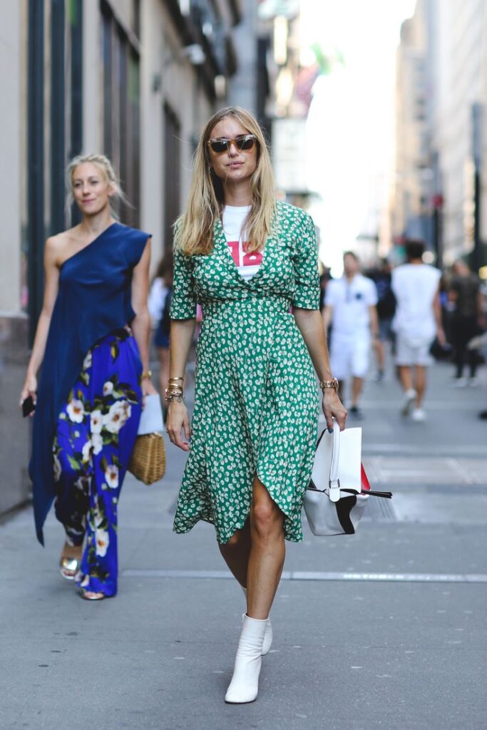 Green Floral Dress, White Ankle Boots and Graphic Tee