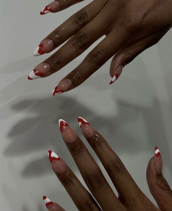 Red and white heart design french tips