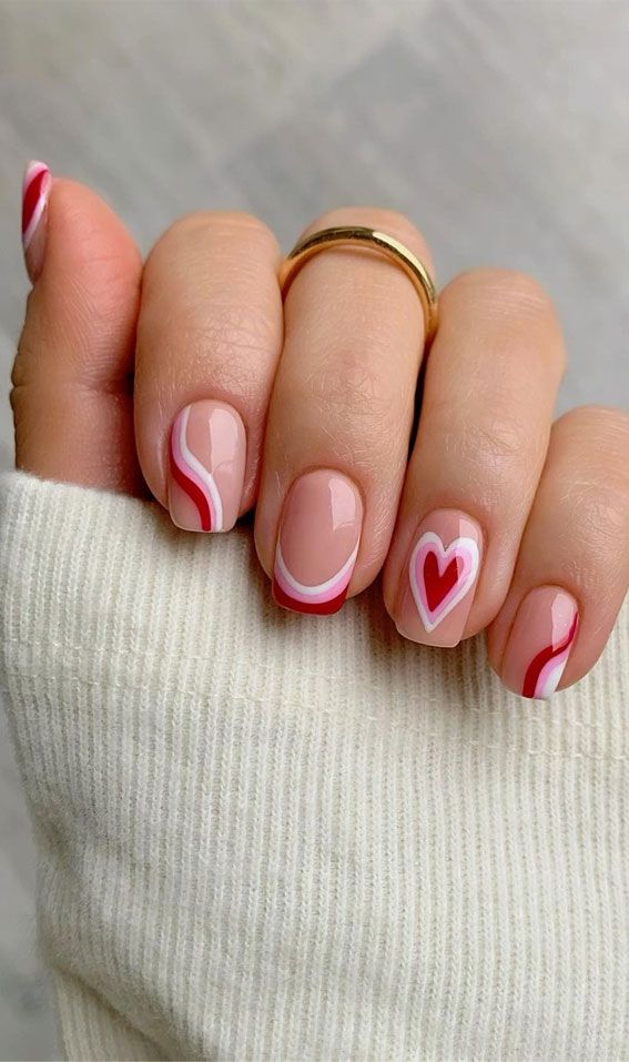 Candy colors red, white and Pink, Short Nails