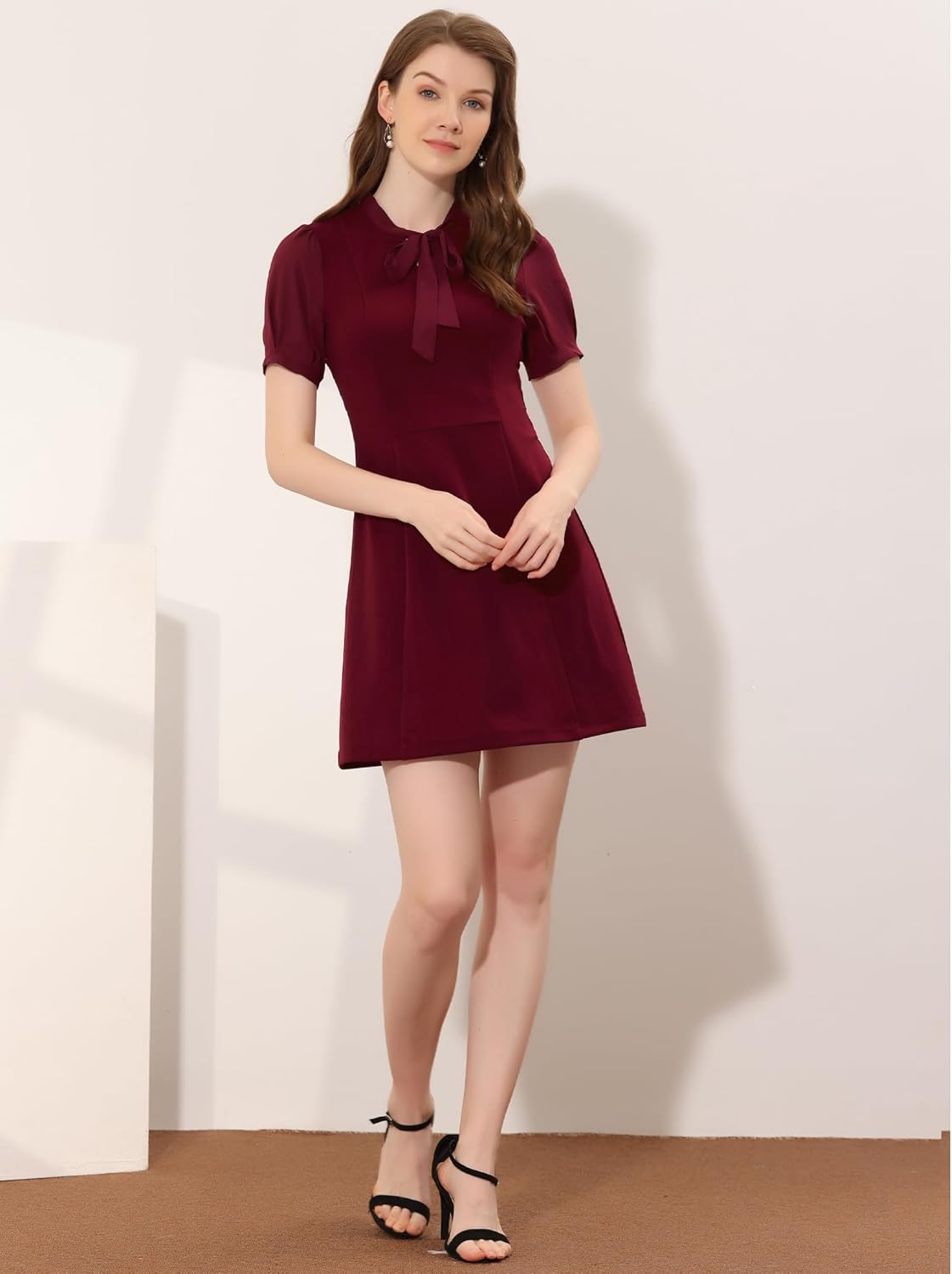 Women's Tie Neck Puff Short Sleeve Office Work Dress