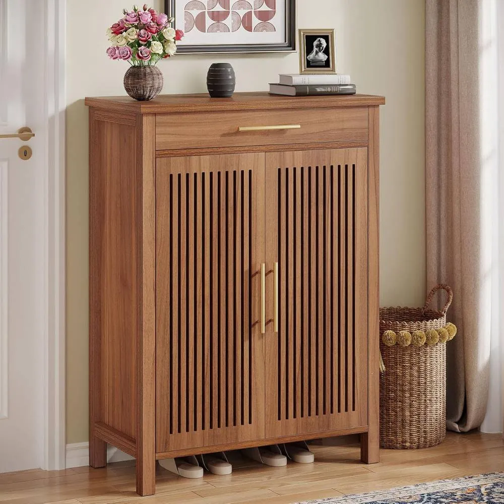 Brown 5-Tier Shoe Cabinet – Louvered Doors & Drawer