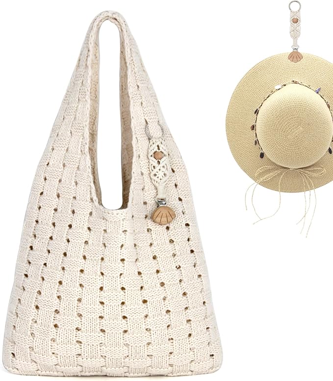 Crochet Tote Bag with Macramé Hat Clip for Travel Women Summer Beach Bag Aesthetic Knit Bag Cute Shoulder Bags