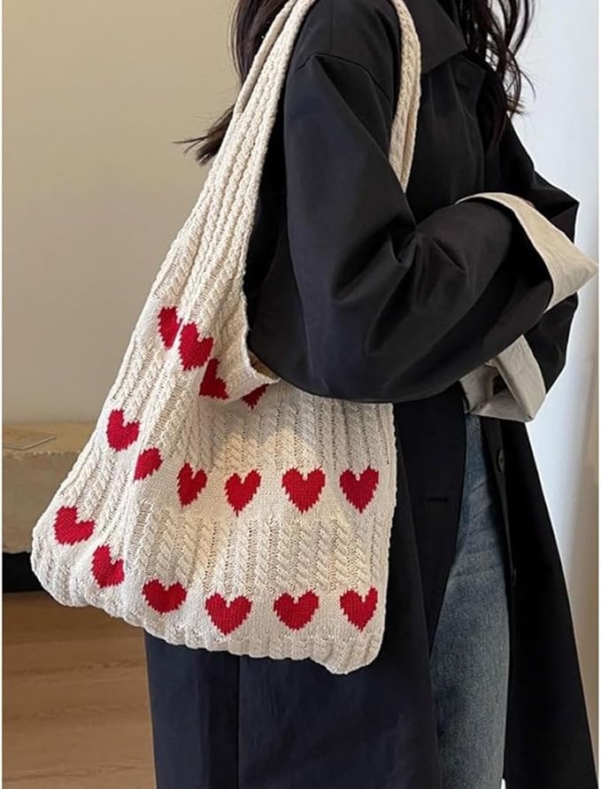 Heart Crochet Tote Bag Cute Purse for Women Cutecore Key Chain Y2K Accessories Valentines Aesthetic Handbags for Women