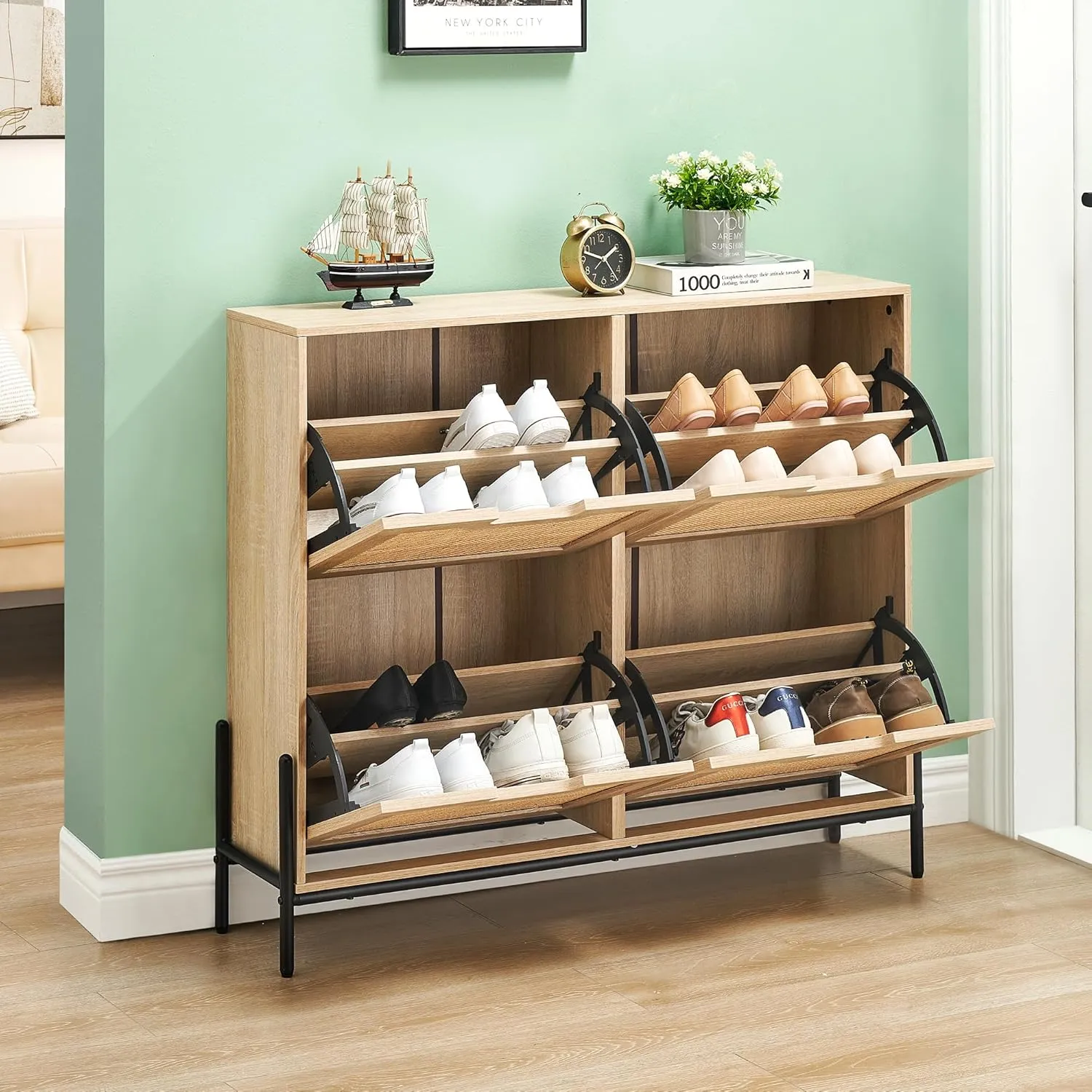 Natural Rattan Shoe Cabinet – 4 Flip Drawers