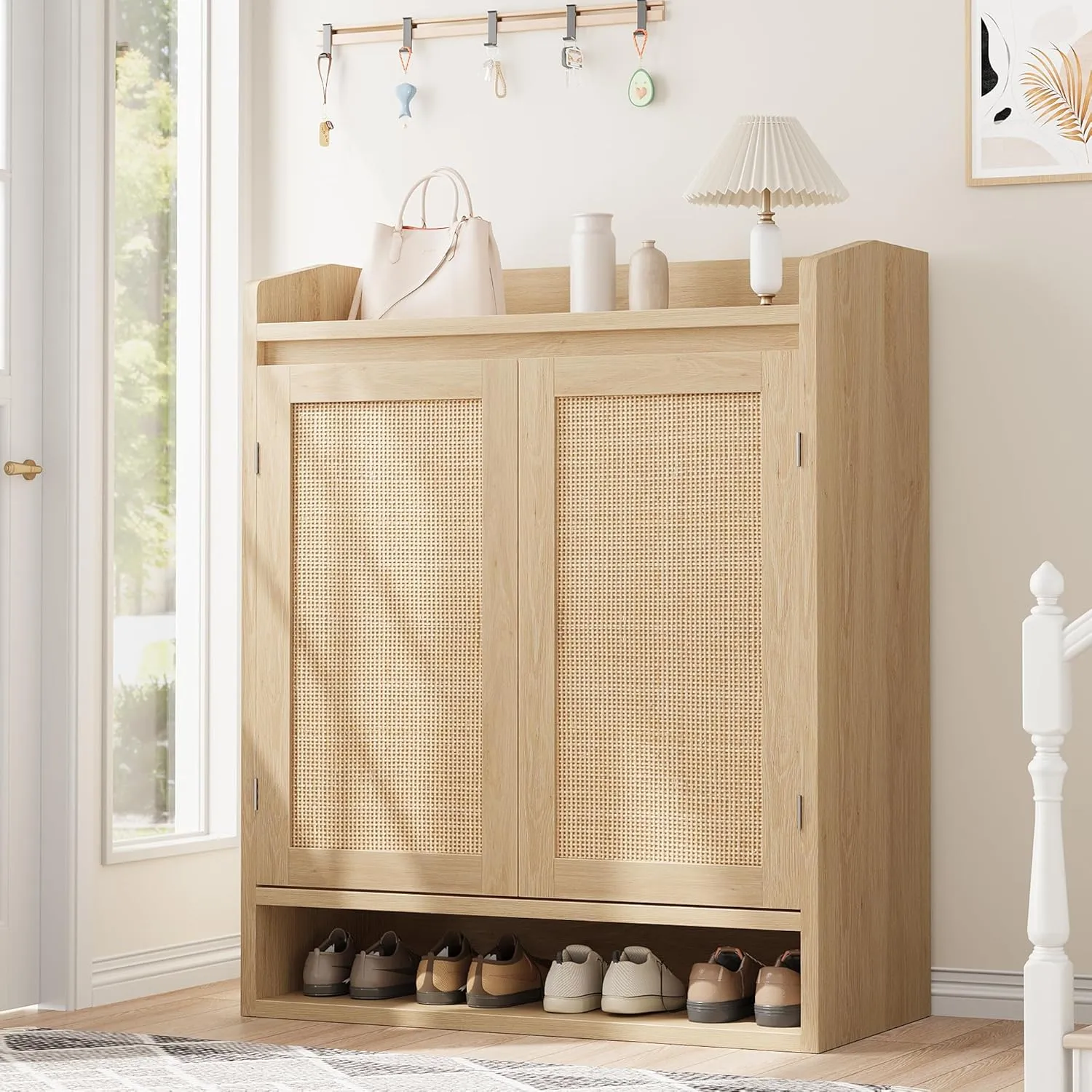 Natural Wood Shoe Cabinet – 5-Tier, 2 Doors