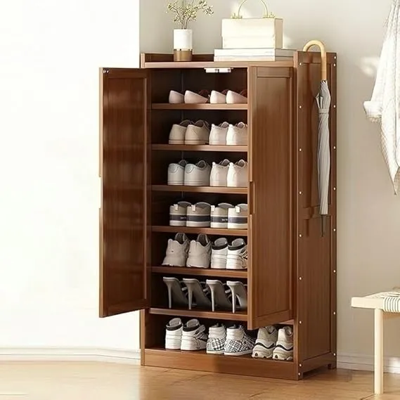 Nut-Brown Wooden Shoe Cabinet – 8-Tier Storage