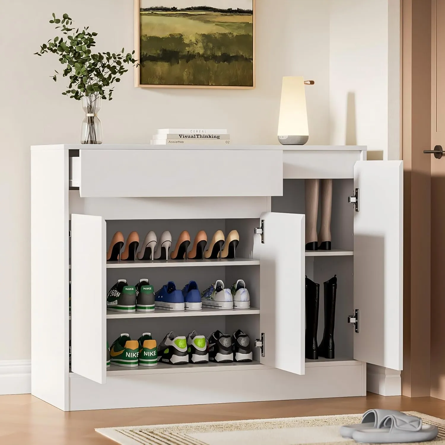 White Shoe Cabinet – 3 Doors & Drawer