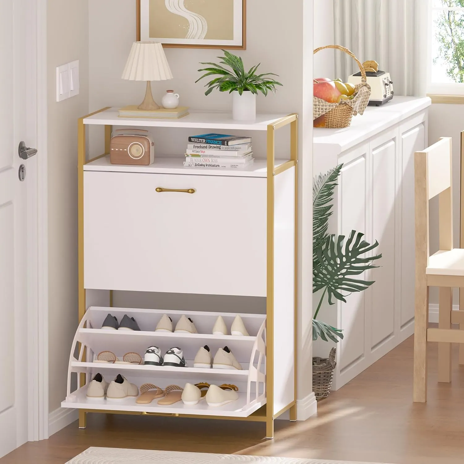 White Slim Shoe Cabinet – 2 Flip Drawers