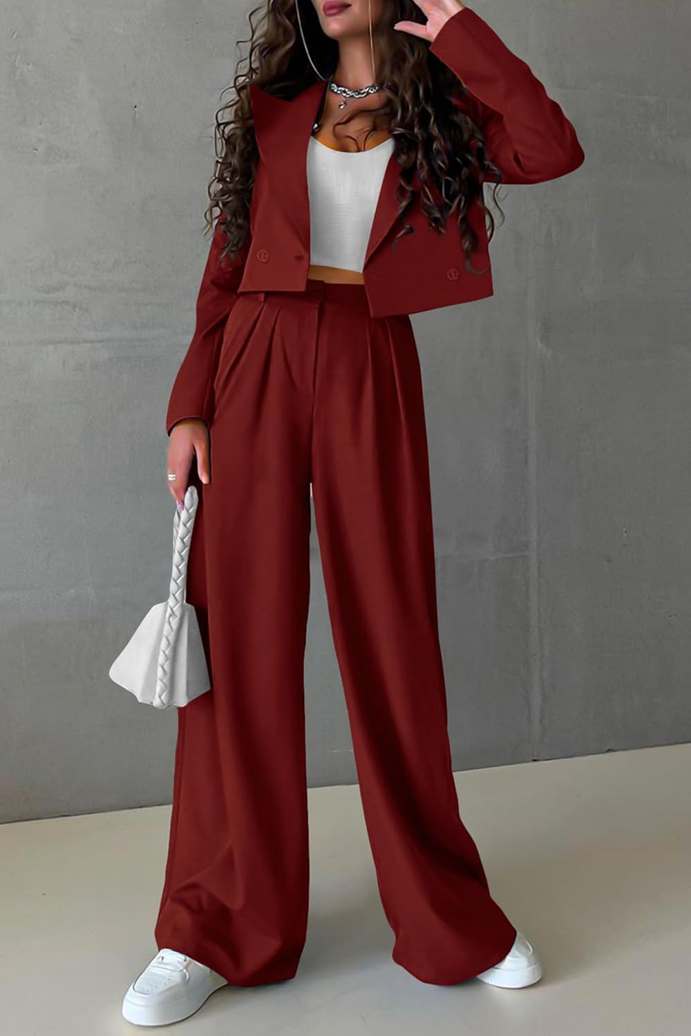 Women's 2 Piece Casual Outfits Cropped Blazer Jackets High Waisted Wide Leg Work Pants Suit Set