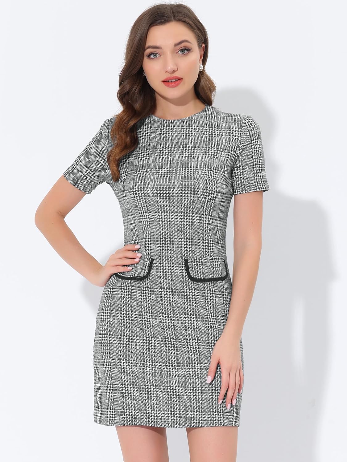 Work Dresses for Women's Short Sleeve Vintage Houndstooth Plaid