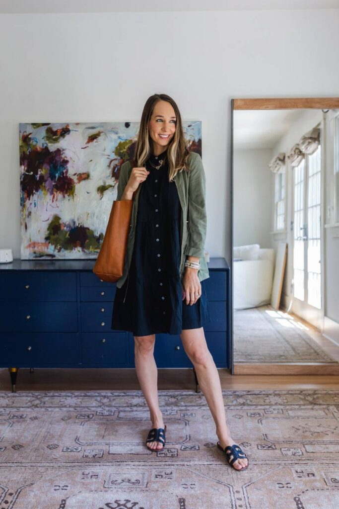 Blue Dress + Green Shirt + Large Bag