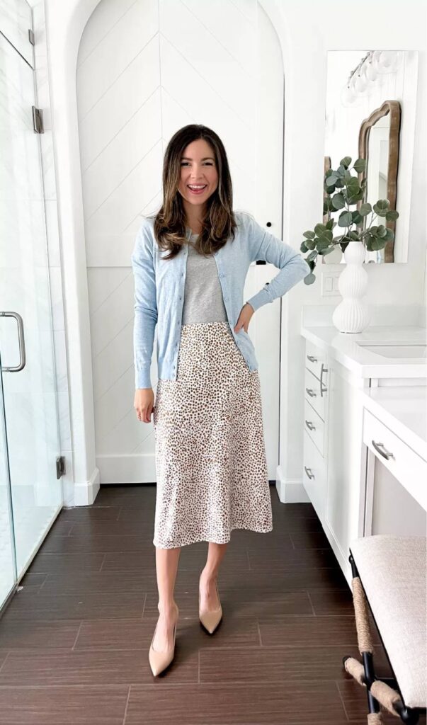 Light blue Cardigan with gray top and leopard print pencil skirt