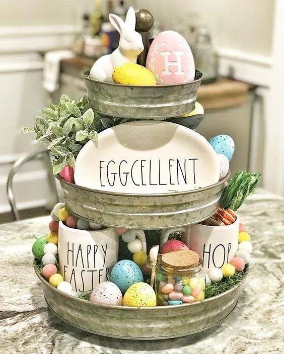 Easter basket setup bunny ornaments, and eggs