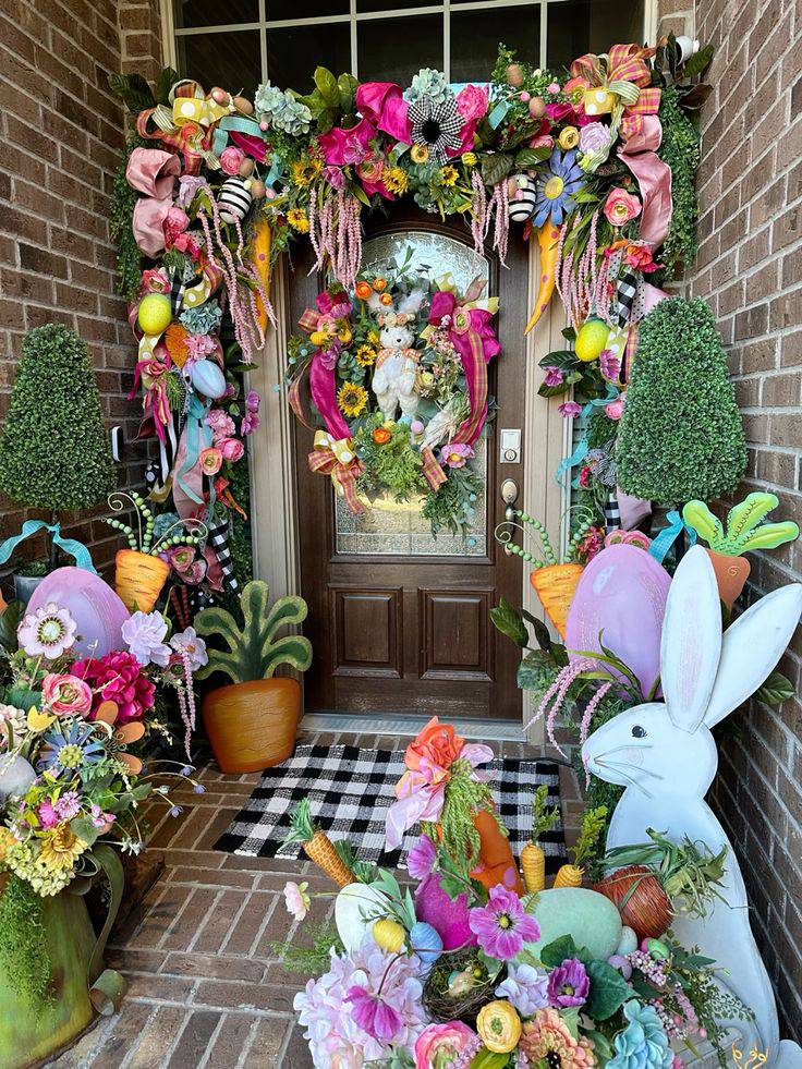 Creative porch decor bunny, wreath flowers ideas