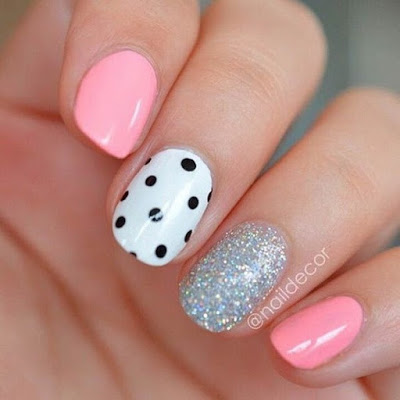 Silver pink black and white dotted manicure design short  