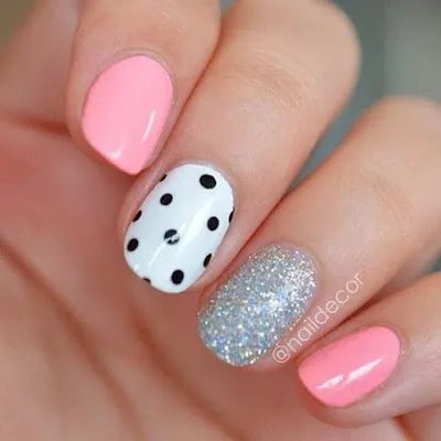 40 Best Cute Polka Dot Nail Designs to Try 17 40 Best Cute Polka Dot Nails Designs Ideas to Try out - Polka dots will never go out of style Silver pink black and white dotted manicure design short