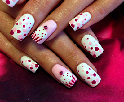 Cute Cake with Pink and red Polka Dot and polish Nails design 