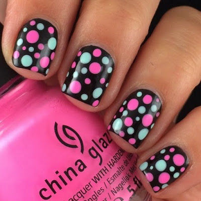 Black, Pink, and Blue Polka Dot Nails design