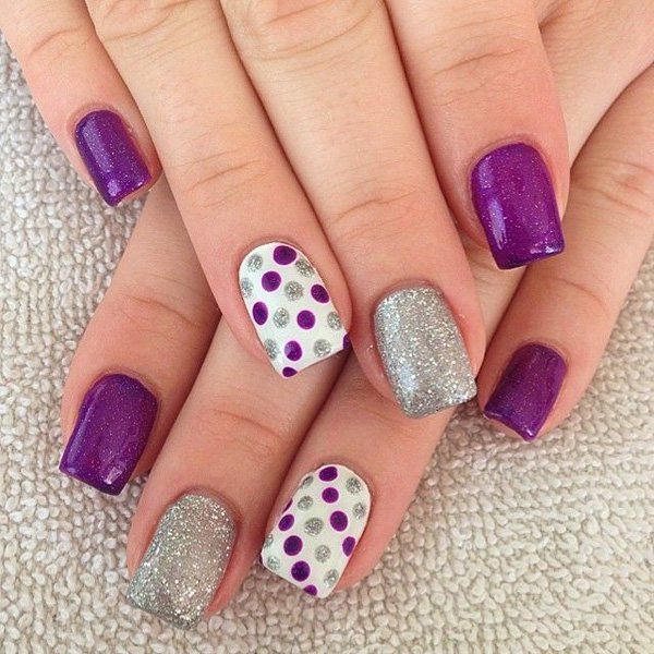 White and Purple Polka Dot nails with Glitter 