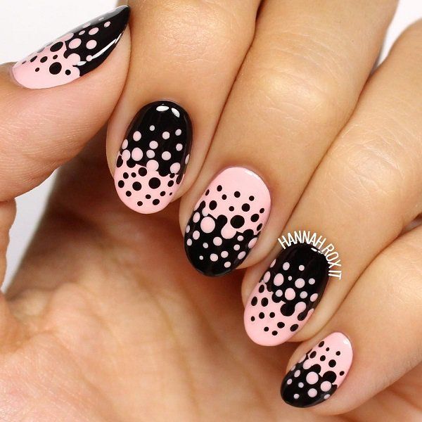 Pink and Black Polka Dot Nails 