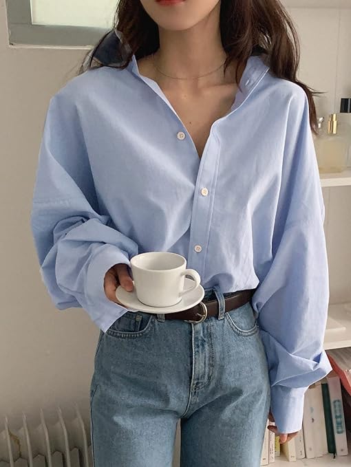 Long Sleeve Blouse Solid Button Up Drop Shoulder Oversized Shirt Office Shirt Work Tops