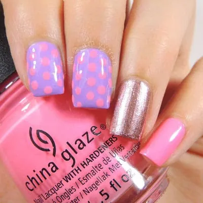 40 Best Cute Polka Dot Nail Designs to Try 22 40 Best Cute Polka Dot Nails Designs Ideas to Try out - Polka dots will never go out of style Purple and pink with silver glitter