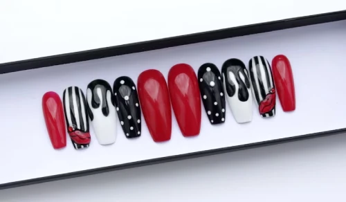 Red Kiss Black and White Dots nails