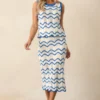 Azure Breeze: Navy & Ivory Striped Crochet Midi Skirt with Scalloped Hem - Image 3