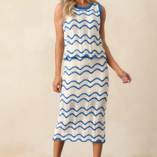 Azure Breeze Navy & Ivory Striped Crochet Midi Skirt with Scalloped Hem