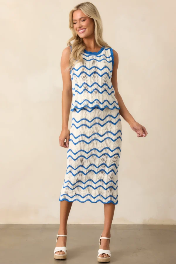 Azure Breeze Navy & Ivory Striped Crochet Midi Skirt with Scalloped Hem
