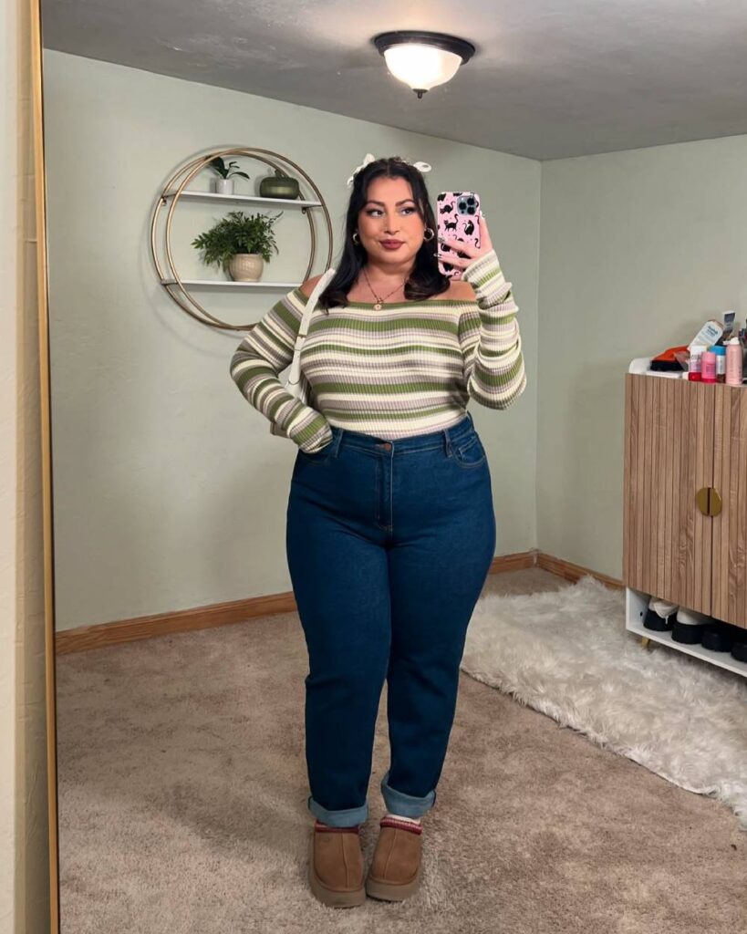 Plus Size Fall Outfit Guide Off-Shoulder Sweater with Blue Jeans and UGG Boots