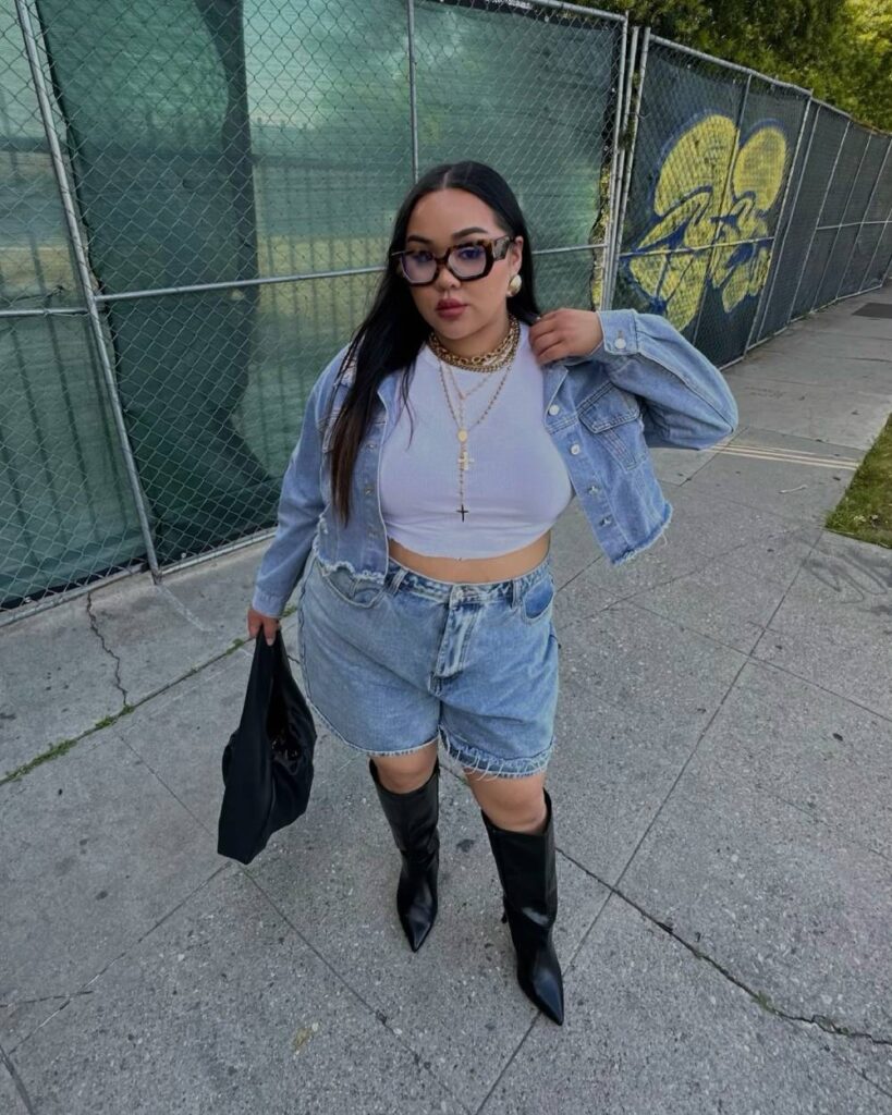 Plus Size Fall Outfit Guide Denim Jacket and Short with Knee High Boots