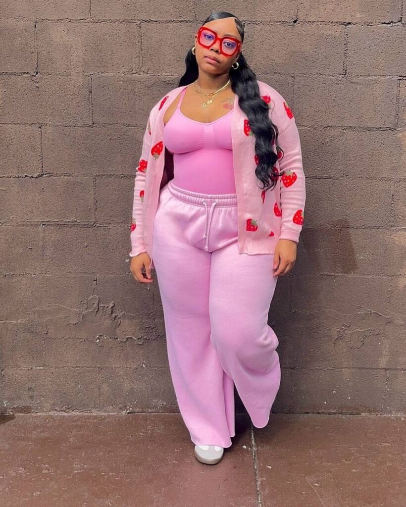 Plus Size Fall Outfit Guide Pink Sweater with Bodysuit and Pink Sweatpants