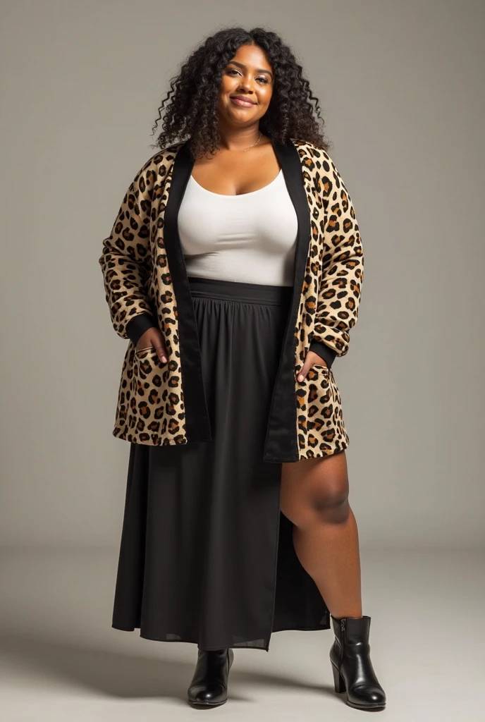Plus Size Fall Outfit Guide Maxi skirt with leopard print Long Cardigan and white top