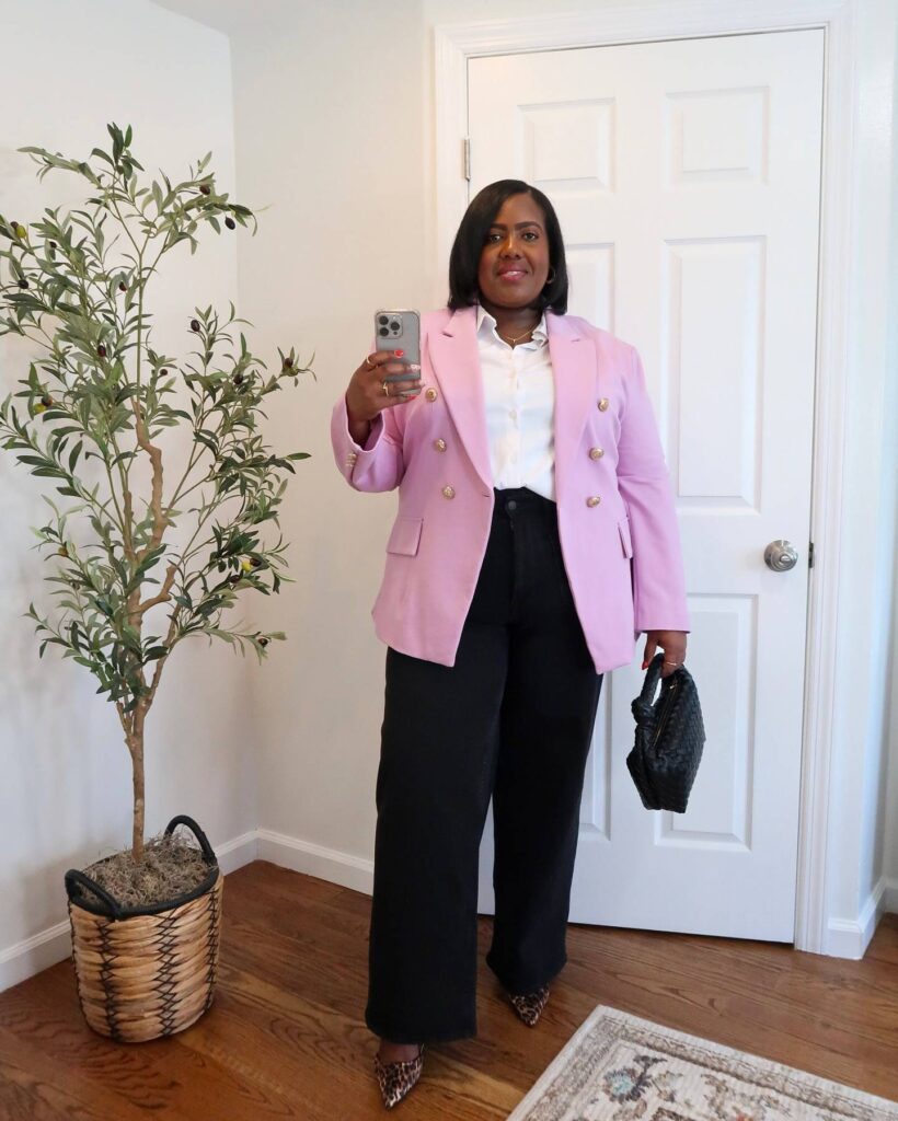 Plus Size Fall Outfit Guide Pink Blazer with Dress pants and Heels