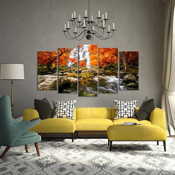 Autumn Forest Waterfalls 5 Piece Modern Wrapped Giclee Canvas Prints Artwork