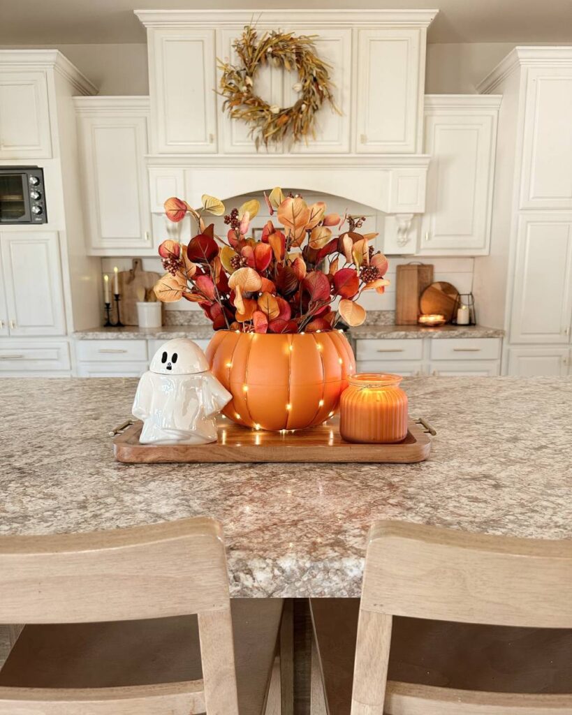Pumpkin Flower Holder with Ghost Treat Jar