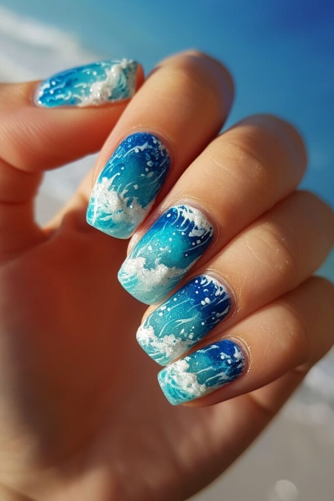 Glitter Ocean Waves Summer nails