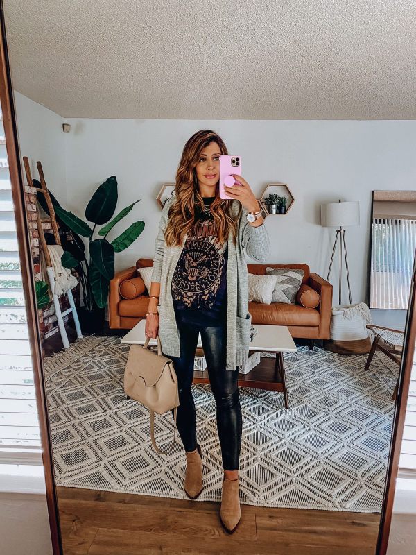 Woman wearing a Graphic Tee + Longline Cardigan + Leather Pants