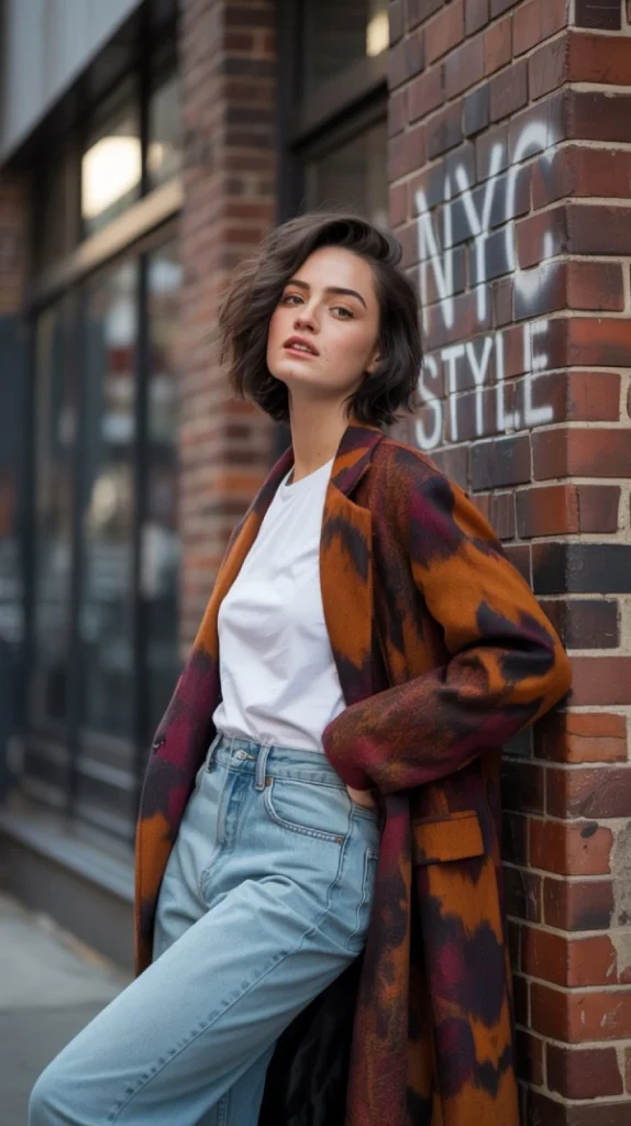 A trendy woman layers denim on denim under a bold fall coat. The look is urban and fashion-forward, ideal for Brooklyn or downtown adventures.